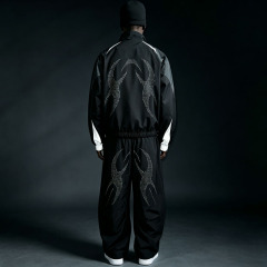 Custom Mens 3M Reflective Panelling Tracksuit Perforated Graphic Slight Crop Full Zip Jacket and Wide Leg Pant Streetwear Set
