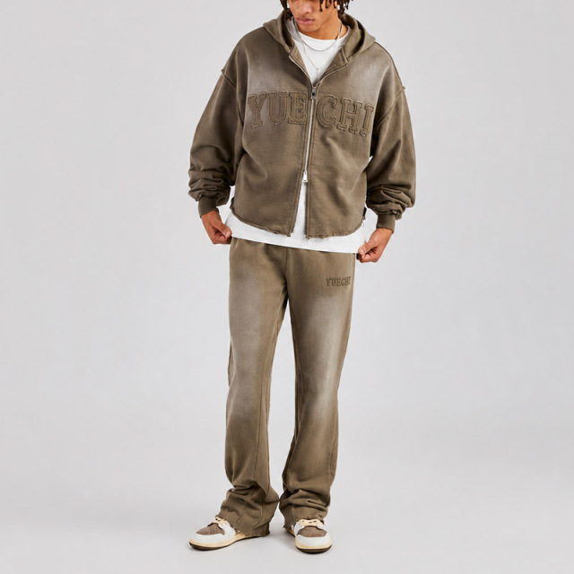 Custom Men Boxy Cropped Full Zip Hoodie Tracksuit Khaki Heavyweight 100% Cotton French Terry Raw Hem Applique Embroidery