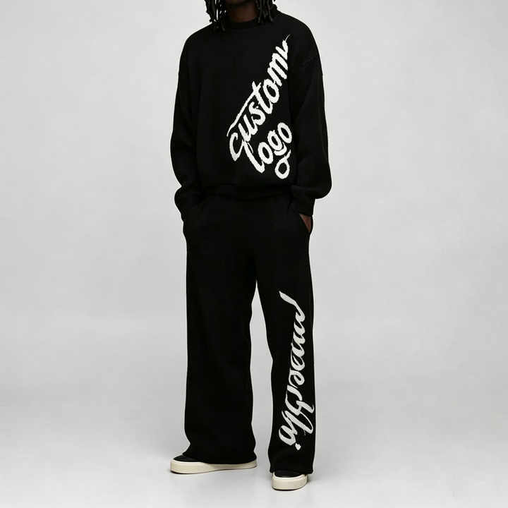 Custom Chenille Embroidery 2-Piece Brushed Knit Boxy Fit Wide Leg Crewneck Pullover Thick Winter Men's Black 100% Cotton