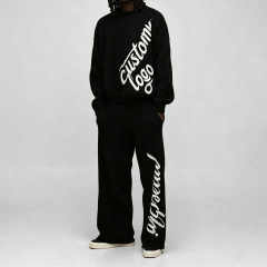 Custom Chenille Embroidery 2-Piece Brushed Knit Boxy Fit Wide Leg Crewneck Pullover Thick Winter Men's Black 100% Cotton