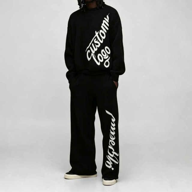 Custom Chenille Embroidery 2-Piece Brushed Knit Boxy Fit Wide Leg Crewneck Pullover Thick Winter Men's Black 100% Cotton