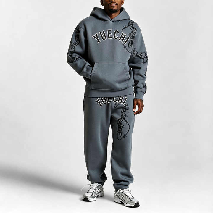 Custom Men Oversized Fit Hoodie Tracksuit 310 Gsm Fleece Cotton / Polyester 3D Embroidery DTG Printing Cuffed Jogger 2 Piece Set