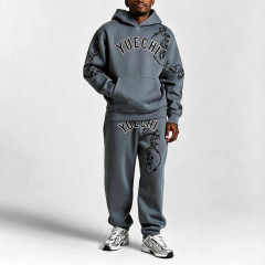 Custom Men Oversized Fit Hoodie Tracksuit 310 Gsm Fleece Cotton / Polyester 3D Embroidery DTG Printing Cuffed Jogger 2 Piece Set