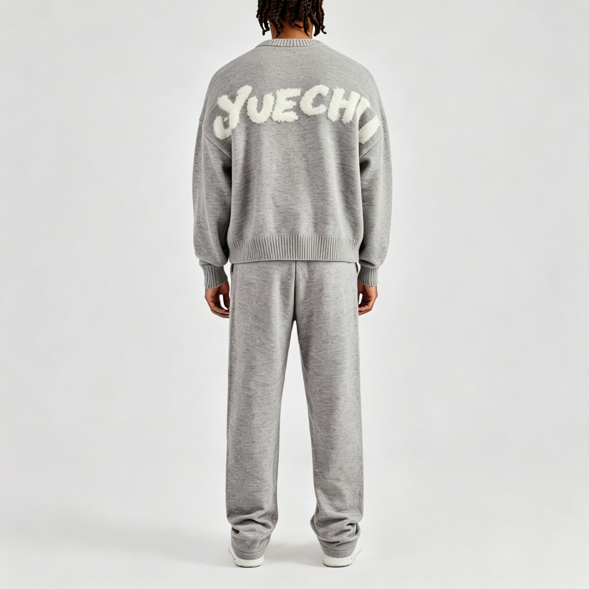 Custom Men Boxy Crew Neck Knit Tracksuit 2 Piece Set Grey Intarsia Knit Oversized Drop Shoulder Straight Leg Sweatpants