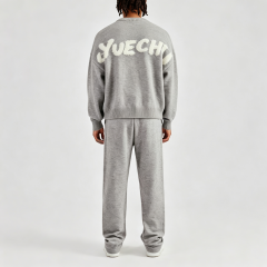 Custom Men Boxy Crew Neck Knit Tracksuit 2 Piece Set Grey Intarsia Knit Oversized Drop Shoulder Straight Leg Sweatpants