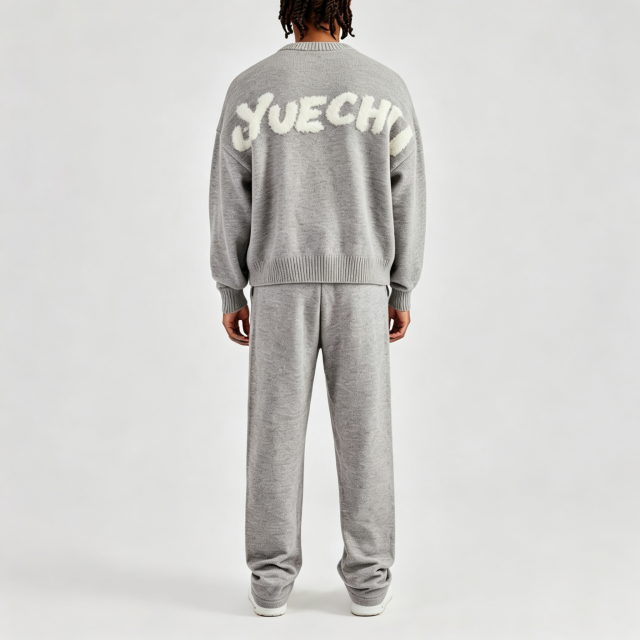Custom Men Boxy Crew Neck Knit Tracksuit 2 Piece Set Grey Intarsia Knit Oversized Drop Shoulder Straight Leg Sweatpants