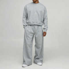 Custom Men's Oversized Boxy Crew Neck Sweatshirt and Wide Leg Jogger Tracksuit 100% Cotton Plain Streetwear Two Piece Set