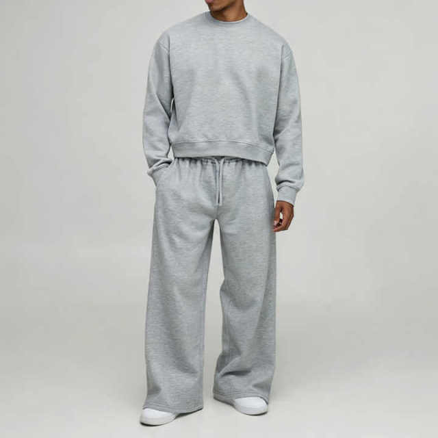 Custom Men's Oversized Boxy Crew Neck Sweatshirt and Wide Leg Jogger Tracksuit 100% Cotton Plain Streetwear Two Piece Set