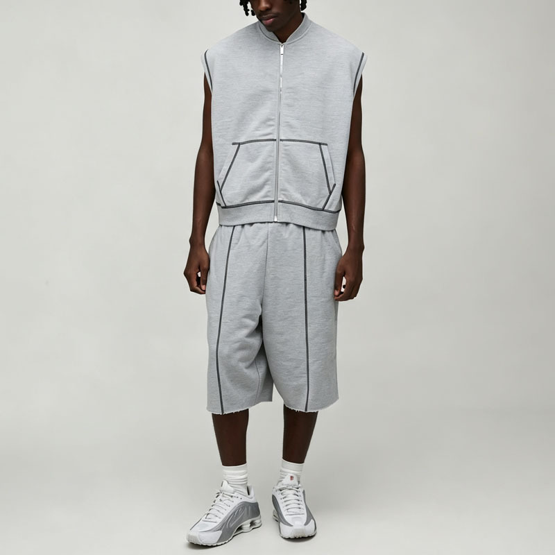 Contrast Stitching Sleeveless Full Zip Vest Knee Length Shorts 2 Pieces Heather Grey French Terry Men's Urban Tracksuit Set