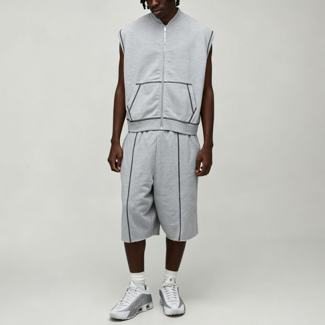 Contrast Stitching Sleeveless Full Zip Vest Knee Length Shorts 2 Pieces Heather Grey French Terry Men's Urban Tracksuit Set