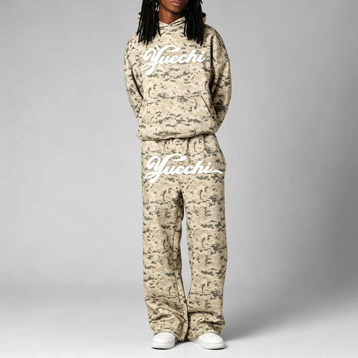 Men Boxy Dropped Shoulder Hoodie Tracksuit DTG Full Camo Print Puff Printing French Terry Elastic Waist Wide Leg Sweatpants
