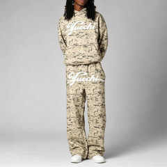 Men Boxy Dropped Shoulder Hoodie Tracksuit DTG Full Camo Print Puff Printing French Terry Elastic Waist Wide Leg Sweatpants
