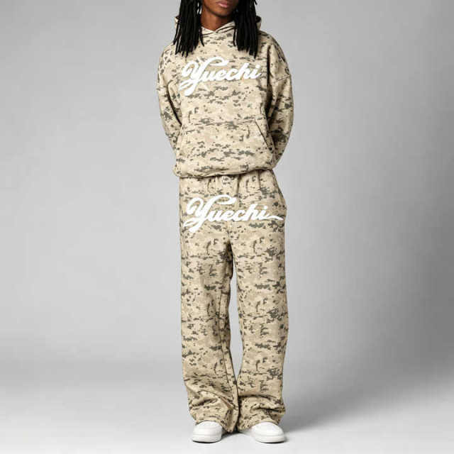 Men Boxy Dropped Shoulder Hoodie Tracksuit DTG Full Camo Print Puff Printing French Terry Elastic Waist Wide Leg Sweatpants