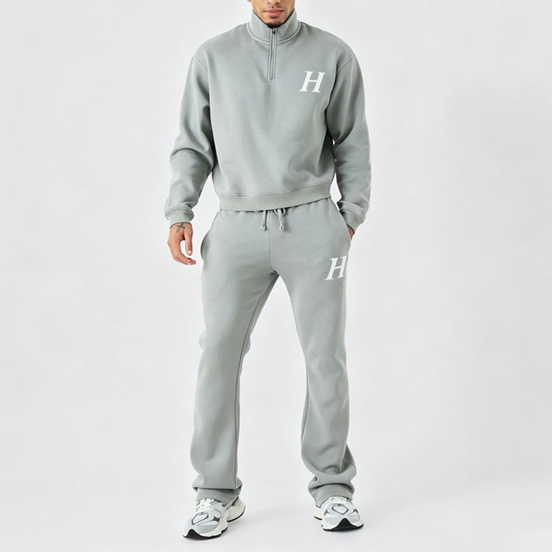 Custom Mens Winter Boxy Quarter Zip Funnel Neck Embroidered Flared Jogger Tracksuit Fleece Back Screen Printing Black Streetwear