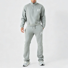 Custom Mens Winter Boxy Quarter Zip Funnel Neck Embroidered Flared Jogger Tracksuit Fleece Back Screen Printing Black Streetwear