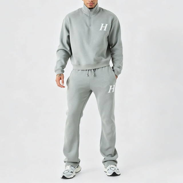 Custom Mens Winter Boxy Quarter Zip Funnel Neck Embroidered Flared Jogger Tracksuit Fleece Back Screen Printing Black Streetwear