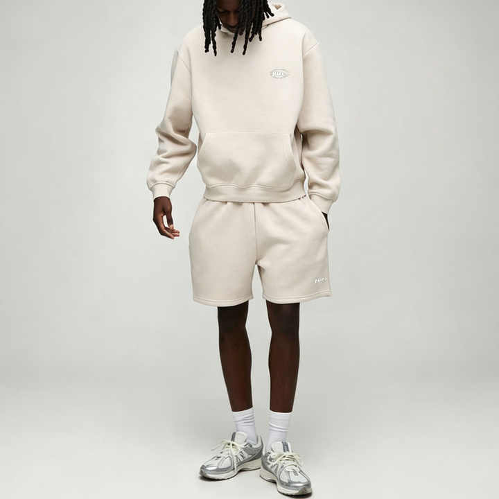 Custom Made Off White Minimalist Embroidery 2 Pieces Pullover Hoodie Shorts Set Cotton Fleece Men's Streetwear Tracksuit