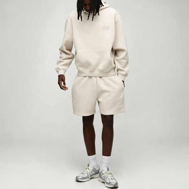 Custom Made Off White Minimalist Embroidery 2 Pieces Pullover Hoodie Shorts Set Cotton Fleece Men's Streetwear Tracksuit