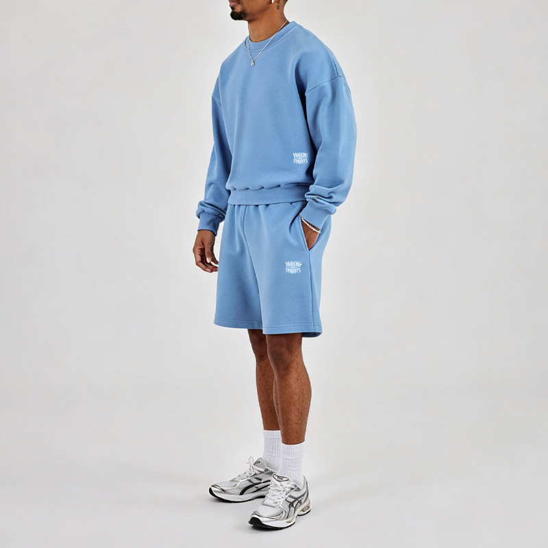 Men Crew Neck Sweatshirt Short Tracksuit 2 Piece Set Light Blue 100% Cotton Screen Print Drop Shoulder Boxy Oversized Loose