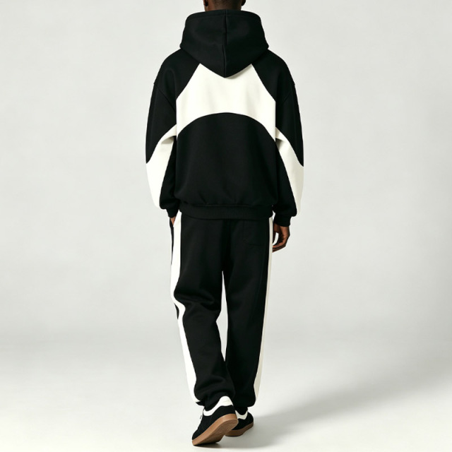 Men Color Block Tracksuit Embroidery Logo Curved Splicing Oversized Pullover Hoodie Loose Sweatpants 2 Piece Streetwear