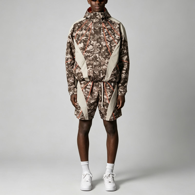 Custom Men's Dtg Printing Camo Hooded Shell Jacket Matching Shorts Windproof Waterproof Street Functional Two Piece Suit