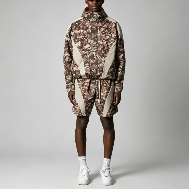 Custom Men's Dtg Printing Camo Hooded Shell Jacket Matching Shorts Windproof Waterproof Street Functional Two Piece Suit