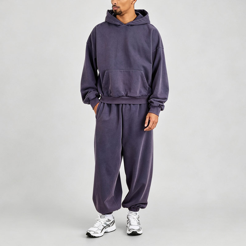 Mens Vintage Washed Heavyweight Tracksuit Set Boxy Oversized Pullover Hoodie Jogger Sweatpants 100% Cotton French Terry Purple