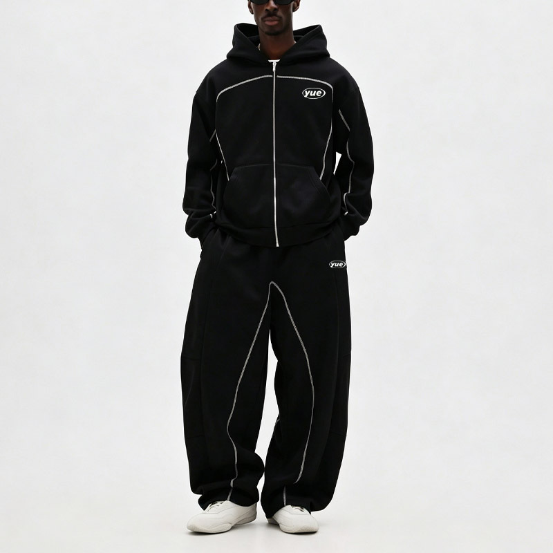 Custom Men's Oversized Full Zip Tracksuit Heavyweight French Terry Contrast Stitching Puff Printing Baggy Two Piece Streetwear