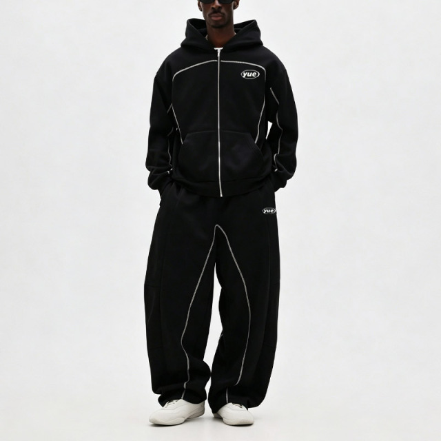Custom Men's Oversized Full Zip Tracksuit Heavyweight French Terry Contrast Stitching Puff Printing Baggy Two Piece Streetwear