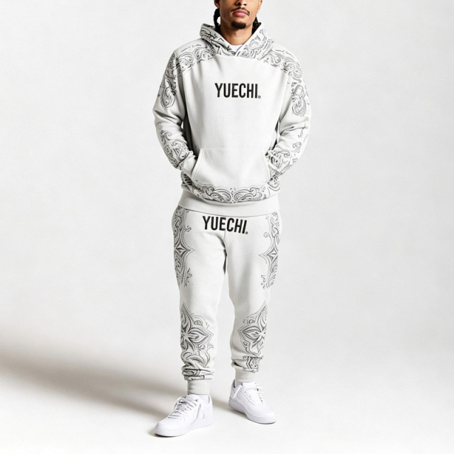 Custom Men Full Zip Hoodie Tracksuit 100% Cotton Heavyweight Fleece Embroidery DTG Printing Cuffed Jogger Two Piece Set
