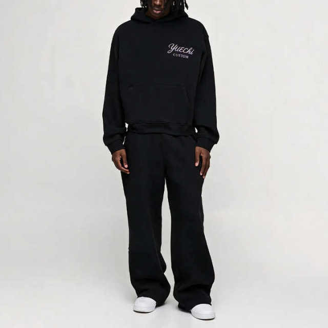 Custom Men Oversized Boxy Embroidered Hoodie Wide Leg Sweatpants Fleece Tracksuit 100% Cotton Two Piece Set Letter Streetwear
