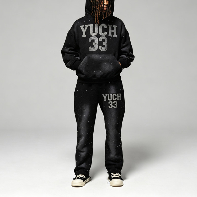 Custom Made Rhinestone Studded Heavyweight French Terry 2-Piece Full-Zip Boxy Fit Cropped Wide-Leg Men's Black Winter Streetwear