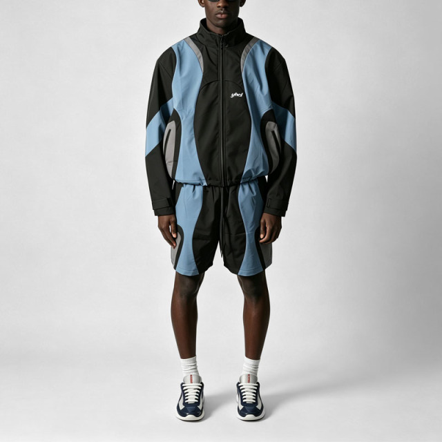 Custom Men's Color Block Screen Print Tracksuit Stand Collar Full Zip Motion Vent Back Jacket and Short 2 Pieces Sets Streetwear