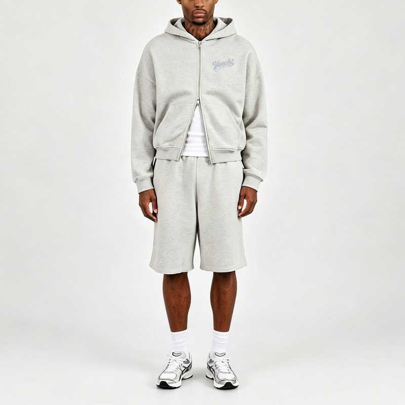 Men Boxy Oversized Full Zip Hoodie Shorts Tracksuit 2 Piece Set Heather Grey French Terry Dual Zipper Embroidery Knee Length