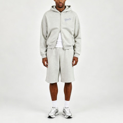Men Boxy Oversized Full Zip Hoodie Shorts Tracksuit 2 Piece Set Heather Grey French Terry Dual Zipper Embroidery Knee Length