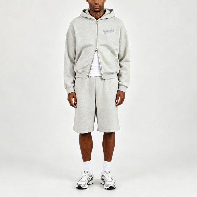 Men Boxy Oversized Full Zip Hoodie Shorts Tracksuit 2 Piece Set Heather Grey French Terry Dual Zipper Embroidery Knee Length