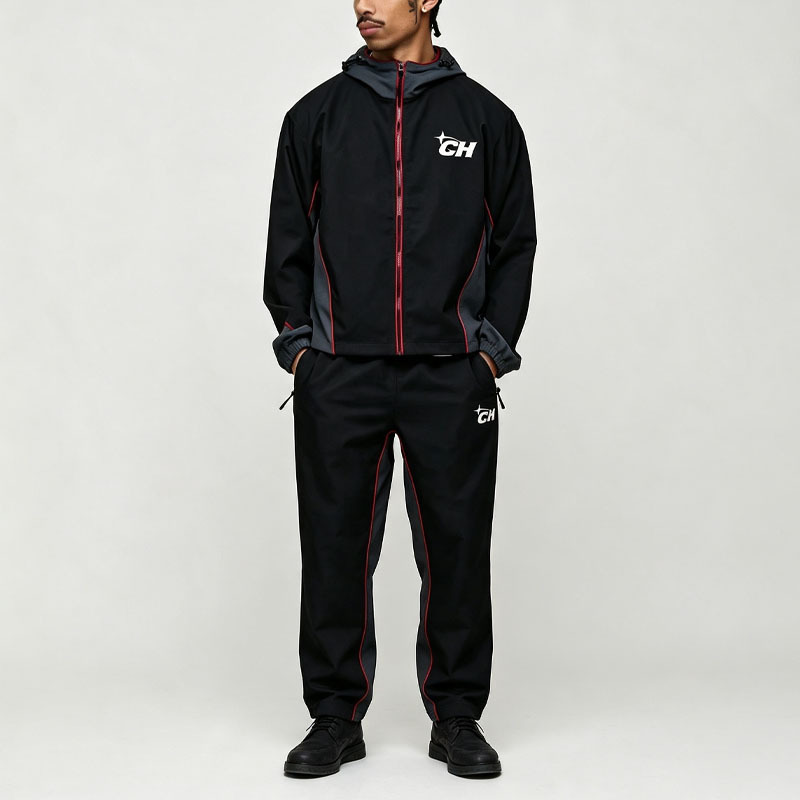 Custom Sets Men Relaxed Soft Shell Contrast Panelled Zip Through Hoodie Set Jacket Set and Pants Tracksuit Streetwear Two Piece Set,Leading Custom Apparel Manufacturer | Your Trusted China Sourcing Partner | YC/YUECHI,Custom Men Relaxed Soft Shell Contrast Panelled Zip Through Hooded Jacket and Pants Tracksuit Streetwear Two Piece Set