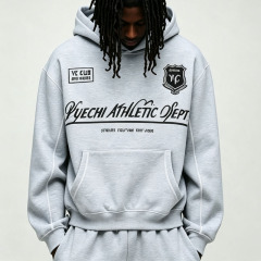 Custom Screen Print Applique Contrast Stitching 2 Pieces Boxy Cropped Wide Leg Urban Grey Men's French Terry Hoodie Tracksuit