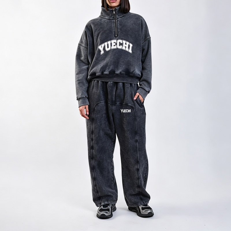 Custom Men's Snow Wash Cotton French Terry Quarter Zip Cropped Embroidery Applique Hoodie Wide Leg Sweatpants Street Set