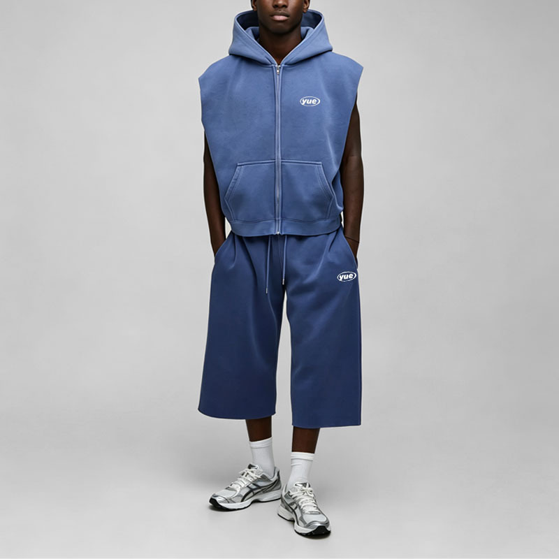 Custom Men's Winter Oversized Washed Sleeveless Zip Hooded Vest Cropped Wide Leg Jogger Tracksuit Fleece Embroidered Logo