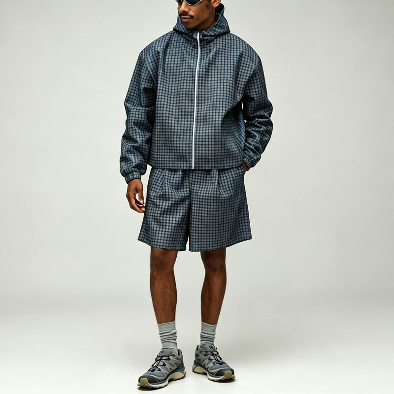 Custom Made Plaid Full Zip 2 Pieces Regular Fit Hooded Jacket Shorts Drawstring Grey Blue Cotton Men's Casual Lightweight