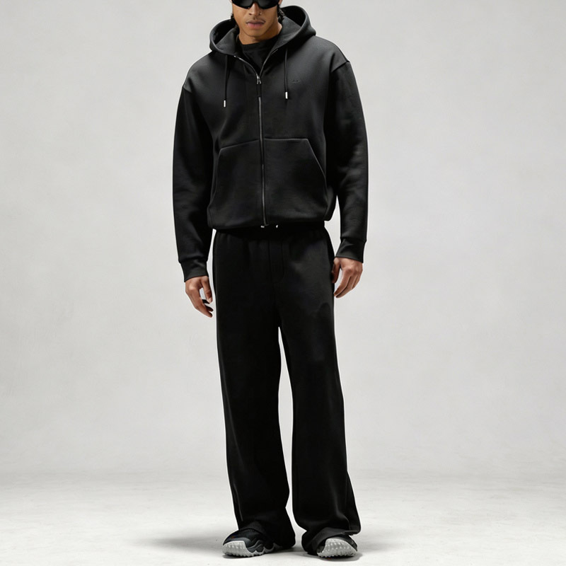 Men Full Zip up Embroidered Hooded Tracksuit Oversized Baggy Trousers Elastic Drawstring Waist Heavyweight Jersey Two Piece Set