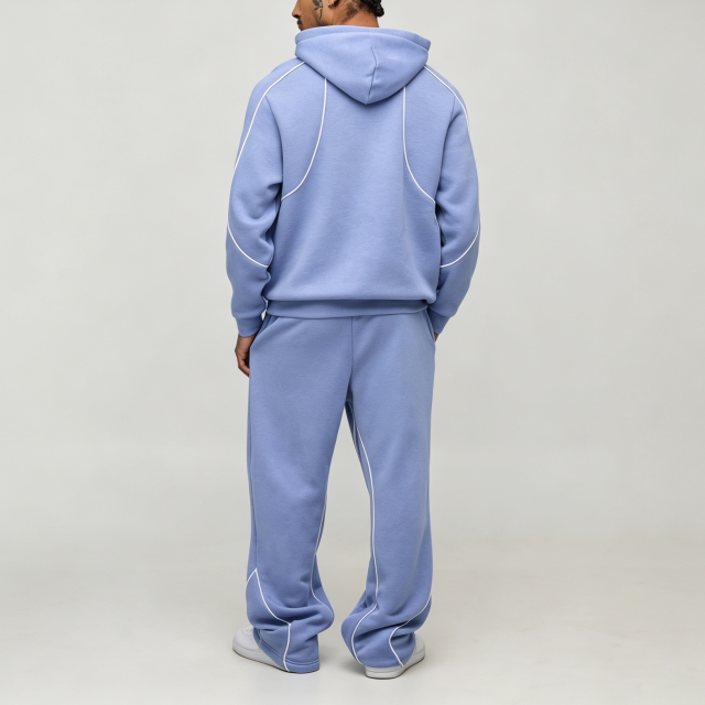 Custom Sets French Terry Puff Printing 100% Cotton Contrast Piping Pullover Hoodie Set Wide Leg Pants 2 Pieces Men's Tracksuit Set,Leading Custom Apparel Manufacturer | Your Trusted China Sourcing Partner | YC/YUECHI,Custom French Terry Puff Printing 100% Cotton Contrast Piping Pullover Hoodie Wide Leg Pants 2 Pieces Men's Tracksuit Set