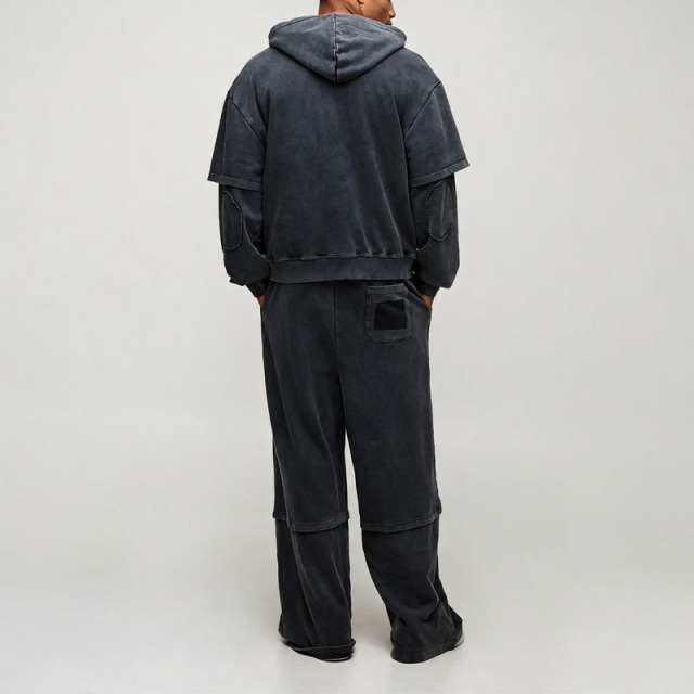Custom Men's Oversized Boxy Washed Lived-in French Terry Fake Layer Zip up Hoodie Wide Leg Tracksuit Vintage Streetwear