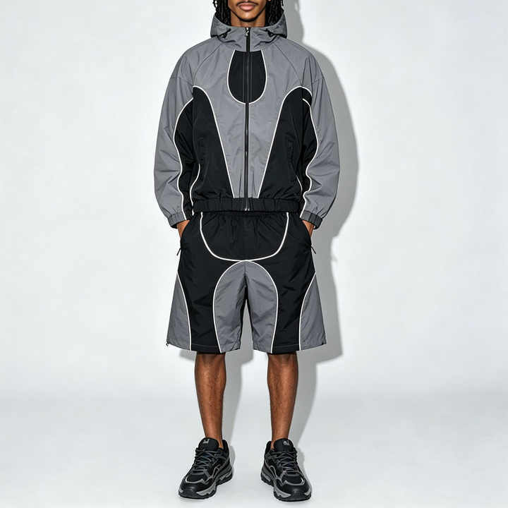 Wholesale Custom Mens Color Block Patchwork Windbreaker Polyester Nylon Tracksuit Mens Track Zip up Jacket and Shorts Set