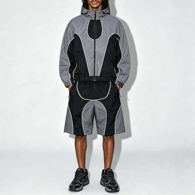 Wholesale Custom Mens Color Block Patchwork Windbreaker Polyester Nylon Tracksuit Mens Track Zip up Jacket and Shorts Set