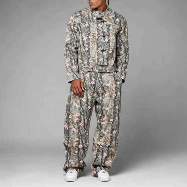Heavyweight Mens Full Print 2 Piece Outfit Jacket Set Boxy Cropped Stand Collar Fireman Clasp Baggy Wide Leg Cargo Pants Street