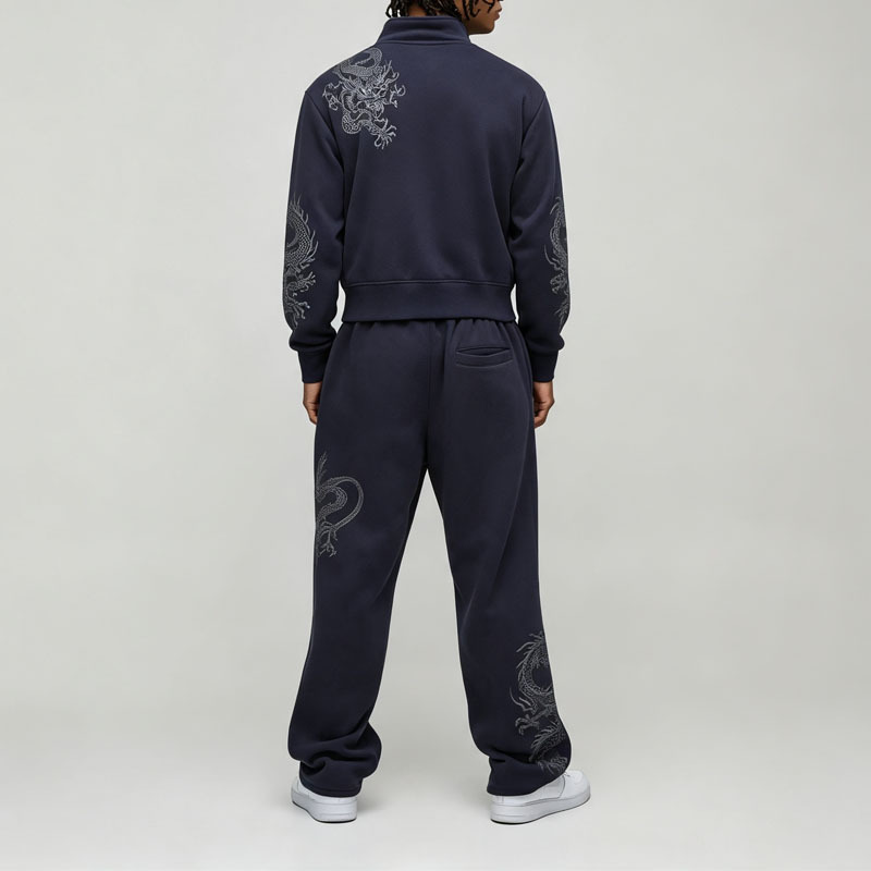 Custom Embroidery 2 Pieces Stand Collar Full Zip Bomber Jacket Wide Leg Pants Navy Blue Cotton Men's Autumn Streetwear