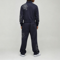 Custom Embroidery 2 Pieces Stand Collar Full Zip Bomber Jacket Wide Leg Pants Navy Blue Cotton Men's Autumn Streetwear