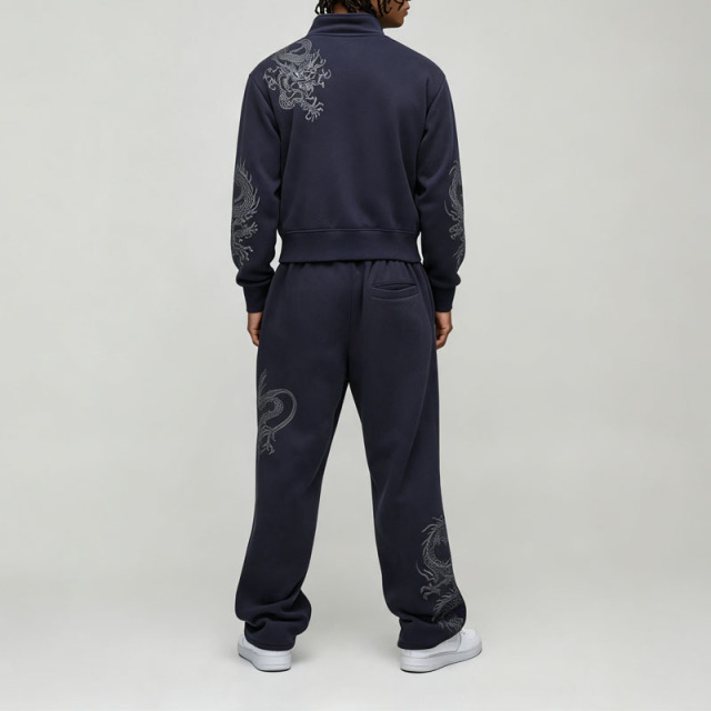 Custom Embroidery 2 Pieces Stand Collar Full Zip Bomber Jacket Wide Leg Pants Navy Blue Cotton Men's Autumn Streetwear